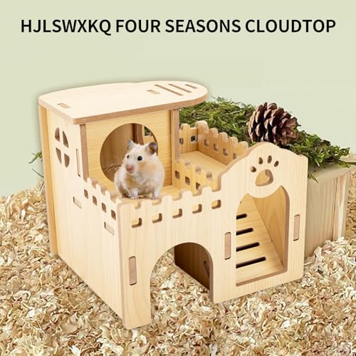 Natural Wood Hamster Habitat Hideout Cage Accessories, Maze Cabin with Fun Slide & Double-Decker House, Exercise Toys for Dwarf Hamsters, Gerbils, Mice, Other Small Animals(Only for Small Hamster D)