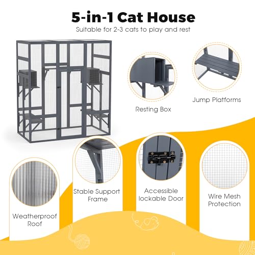 COZIWOW Weatherproof Wooden Multi-Level Indoor Outdoor Cat Enclosure | Multi jump platforms, resting boxes, lockable door, multi-pet compatible, weatherproof wood, easy assemble & clean