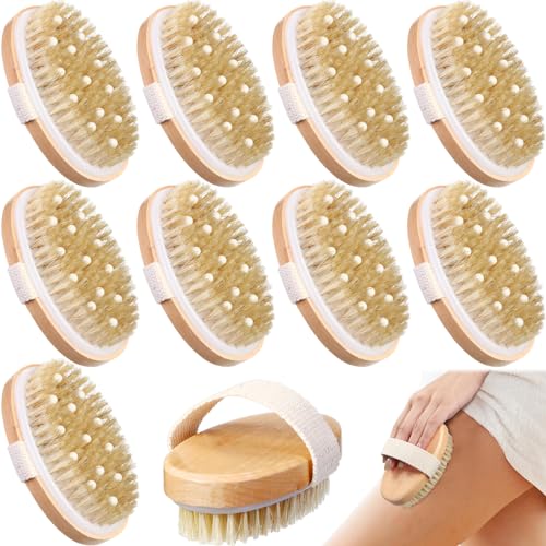 Gejoy 10 Pcs Dry Brushing Body Brush for Lymphatic Drainage Exfoliating Brush with Massage Nodule Dry Skin Body Scrubber Cellulite Shower Circulation Dead Exfoliator (4.92 x 2.56 Inches,Wood Color) - color: Massage Version