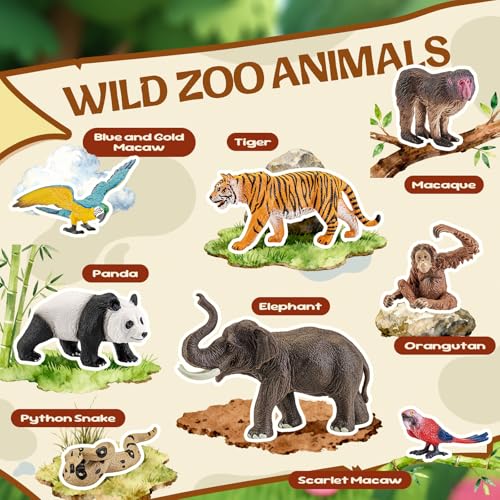 8Pcs Solid Safari Animals Figures Zoo Animals Toys for Kids 3-5 | Plastic Jungle Animals Figurines, Elephant, Panda, Tiger, Macaw, Parrot, Snake, Orangutan, Monkey - style: 8Pcs Zoo Animals