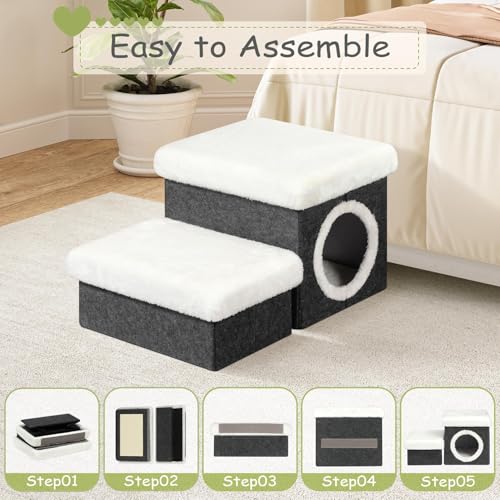 B FSOBEIIALEO Cat House Pet Stairs for Beds Sofa, Foldable Dog Steps 2-Tier With Storage Toy Box, Small Indoor Pet Steps Grey 15.7x12.6x12.6 Inches