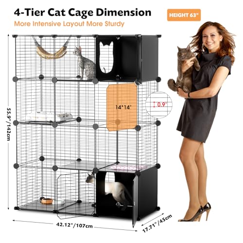 PAWING Cat Enclosure Indoor with Litter Box, 4-Tier Metal Wire Cat Cage, DIY Detachable Design for Cats, Kittens & Small Animals, Multi-Level Kennel - size: 41.3"L x 17.7"W x 55.1"H