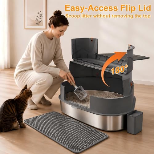 Gimars XXXL Stainless Steel Enclosed Corner Cat Litter Box with Lid, Triangle Design 27" x 20" x 17", High Sided Metal Enclosure for Large Cats, Space Saving Odor Control System