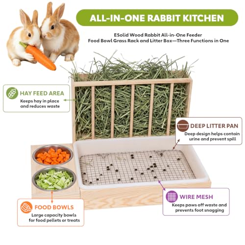 3-in-1 Rabbit Litter Box with Hay Feeder, Wooden Bunny Feeding Station | chew-resistant solid wood，deep litter box，Easy to Clean，for Guinea Pigs, Chinchillas, Hamsters, Ferret and Other Small Animal