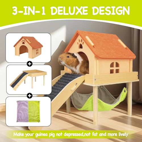 BESNEW 3 in 1 Enlarged Guinea Pig Hammock,Wooden Guinea Pig Hideout with House & Platform & Stairs Small Animal Toys for Hiding Sleeping Activities - color: Orange Roof