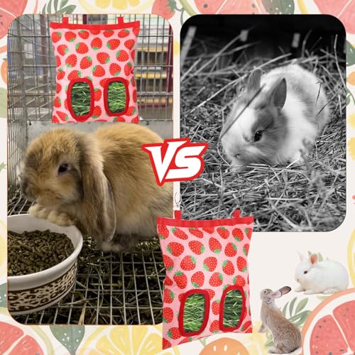 Rabbit Hay Feeder, 2 Hole Washable Hanging Hay Bag for Guinea Pig | Hay Holder for Guinea Pigs Rabbits Chinchilla Hamster Bunny Small Pets and Animal, Strawberry Pattern, 11x9.8inch - color: strawberry