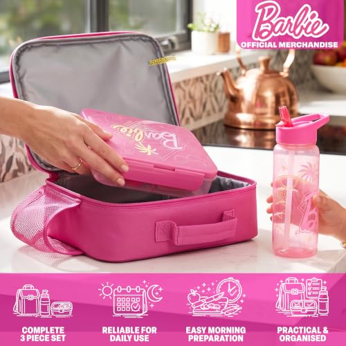 Get Trend Barbie Girls Lunch Bag, Bento Box & Water Bottle 3 Piece Set | Insulated Lunch Bag, 3 Compartment Lightweight Snack Box, 22 fl oz BPA-Free Water Bottle with Straw, School, Gifts for Girls - color: Pink Barbie