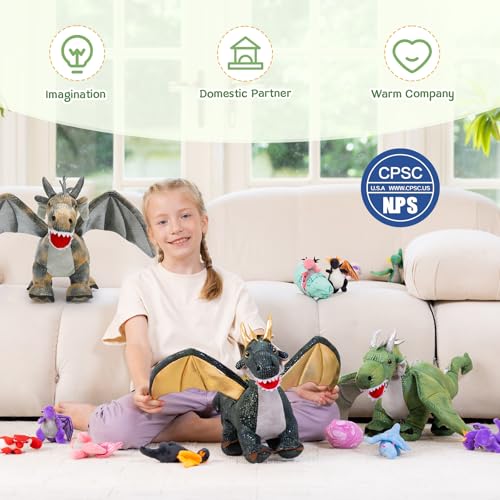 Dragon Plush Toy with 4 Babies, 21.7" Stuffed Animal, Dark Green | 7Pcs Dragon Plush Family; Mommy, 4 Baby Dragons & 2 Eggs; Zipper Belly Pretend Play; Birthday & Christmas Gift for Kids - style: Dragon Dark Green