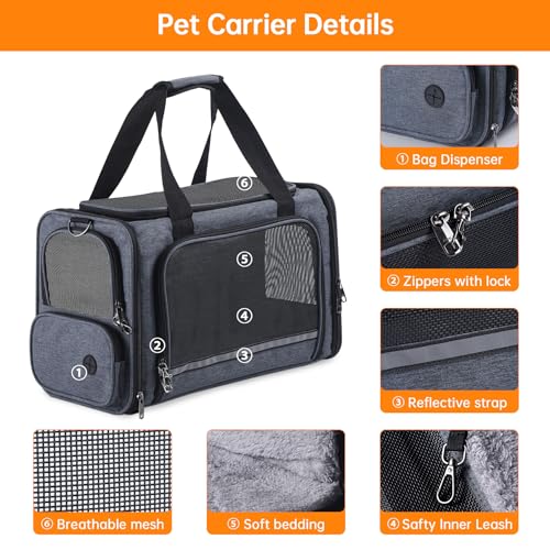 Cat Carrier Pet Travel Carrier by Airplane Approved Under seat, TSA Airline Approved Soft-Sided Dogs Carrier Bag for cat,Dogs,17.5 x 8.5 x 11 inches,Grey - color: GREY
