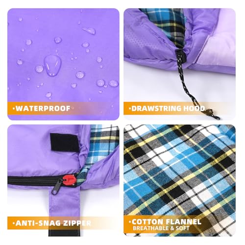 Cotton Flannel Lined Sleeping Bag for Adults Teens Kids, Cold Weather & Warm, 3 Seasons, Lightweight Compact Camping Essentials Equipment, Hiking, Outdoor, Travel - color: Deep Purple & Light Purple