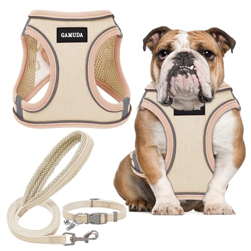 GAMUDA Small Pet Harness Collar and Leash Set, Step in No Chock No Pull Linen Fabric Soft Mesh Dog Vest Harnesses Reflective for Dogs Puppy Cats Kitten Rabbit (Khaki, L) - color: Khaki, size: Large