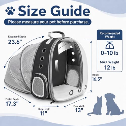 Expandable Cat Carrier Backpack with Bubble Window and Mesh, Black | Anti-collapse frame, breathable mesh, escape-resistant zipper clips and safety leash for vet visits and outdoor travel. - color: Black