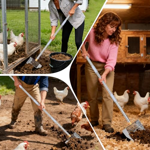 Chicken Coop Poop Scooper - 10" Wide Heavy Duty Metal Chicken Poop Scoop | 32-75" Adjustable 3 Adjustable Angle Sifting Shovel, Professional Poultry Litter Cleaner for Chicken Coop, Duck, Goat & Sand