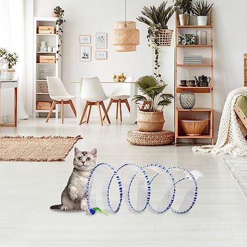Andiker Cat Tunnel Toy, 10inch Collapsible Metal Cat Spring Toy with Nylon Mesh, Feather, Mouse, and Bell, Interactive Cat Toys for Indoor Cats to Scratch, Puzzle, Relax and Kill Time (Yellow) - color: Yellow