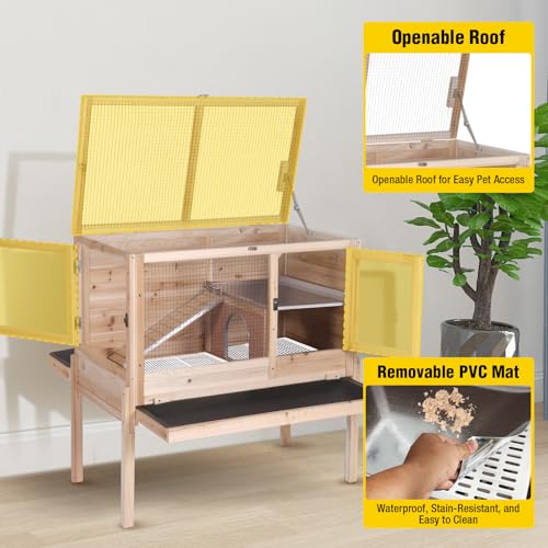 Aivituvin 2-Story Indoor Rabbit Hutch Guinea Pig Cage with Stand, Wooden Bunny Cage Small Animal Cages with Chew-Proof Ramp, Pull-Out Tray & Leakproof PVC Layer (Natural Wood) - color: (Natural Wood)