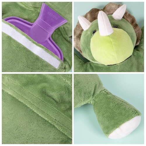 HomeTop Premium Classic Rubber Hot Water Bottle with Triceratops Cover | Natural rubber hot water bottle,Long-lasting heat retention,Snuggly all-night warmth - color: Purple/Triceratops
