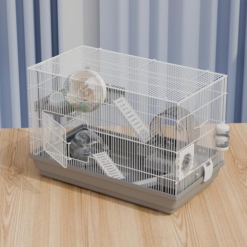 Large Hamster Cage Starter Kit 22x13x15in for Syrian Hamster Dwarf Hamster | Multilevel with Hanging Hideout Ø6", Silent Wheel Ø6", Sand Bath, Tube Ports, Platforms, Ladders, Water Bottle, Food Bowl