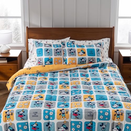 Berkshire LIG Printed Reversible Microfiber Comforter Set–7-Piece, Ultra Soft All-Season Bedding, Wrinkle & Fade Resistant, Full, Steamboat Willie Boxes Extra Large Blue - color: Steamboat Willie Boxes Extra Large Blue, size: Full
