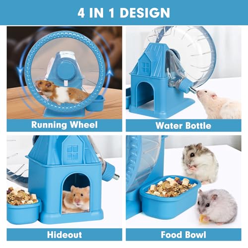 Vannon 4 in 1 Quiet Hamster Exercise Wheel, Multi Functional Hamster House with Running Wheel, Water Bottle, Food Bowl and Hideout, Small Animals Exercise Running Toys for Hamsters Gerbils Mice, Blue - color: Blue