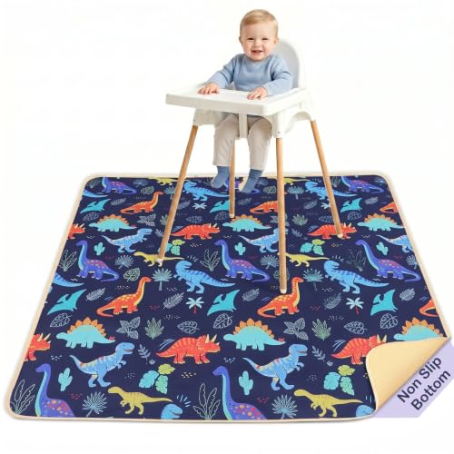 Basumee Splat Mat for Under High Chair, Waterproof & Mess-Proof Floor Mat | 46"×42" Baby Splash Mat, Non Slip Bottom, 4-Layer Fabric, Food & Liquid Catcher, Machine Wash for Boy Girl, Meals, BLW, Craft - color: Navy Dinosaur, size: 46x42 Inches