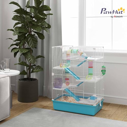PawHut Large Hamster Cage 6 Tier, 32" DIY, Dwarf & Gerbil, Light Blue | Small Animal Cage, Tubes and Tunnels, Hut, Wheel, Food Dish, Water Bottle, Ramps