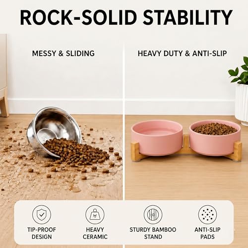 SPUNKYJUNKY Ceramic Dog and Cat Bowl with Wood Stand Non-Slip Matte Glaze Weighted Food Water Set for Cats &Small Dogs 13.5 OZ - color: Pink × 2, size: 1.7 cups