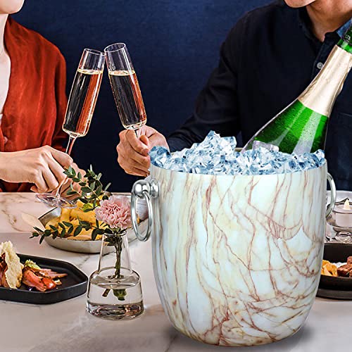 Ice Bucket with Lid, Scoop, Tongs and Strainer - Well Made Insulated Stainless Steel Keep Ice Frozen Longer - Ideal for Cocktail Bar, Parties, Chilling Wine, Champagne - 3 Liter (CarraraMarble) - color: Carraramarble