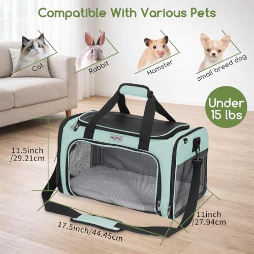 Pet Carrier for Cats & Small Dogs, Travel Carrier with Anti-Collapse Support, Chew Resistant Buckles, Luggage Sleeve, Multi-Pocket Storage, Reversible Mat & Bowl (Green, Medium (17.5"x11"x11.5")) - color: Green