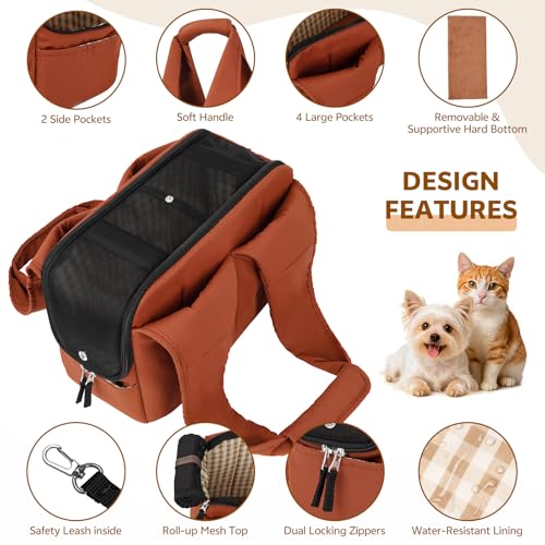 Dog Purse Carrier for Small Dogs and Cats, Soft-Sided Pet Tote Bag with 6 Large Pockets, Collapsible Travel Puppy Carrier, Fits Pets up to 16 lbs (Caramel, 17.5" L x 8" W x 12" H) - color: Caramel, size: 17.5"L x 8.0"W x 12.0"H