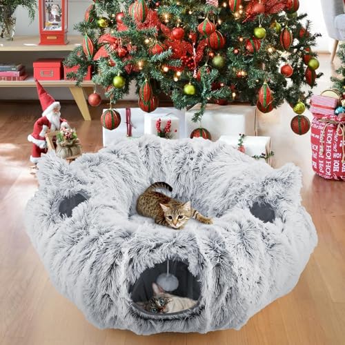 Cat Tunnel Cat Bed for Indoor Cats,Christmas Tree cat Tunnel 3-in-1 Foldable Plush Donut Tunnel with Washable Cushion, Peekaboo Cat Cave with Ears for Kittens, Puppy, Rabbit (Gray) - color: Gray