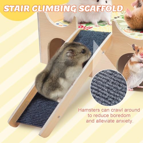 Wooden Hamster House Hideout, Natural Wood Small Animal Hut with Stairs, Cute Hamster Cage Accessories Habitat for Hamsters, Guinea Pigs, Chinchillas, Gerbils, Rabbits, and Other Small Pets