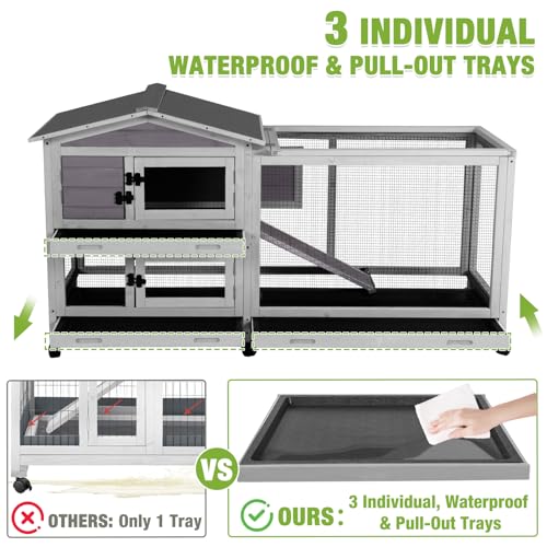 GUTINNEEN Large Rabbit Hutch Indoor with Chew-Proof Ramp, 62" L Wooden Rabbit Cage with 6 Casters, Bunny Cage with 2 Trays and 2 Story for Small to Medium Animals (Grey) - color: Grey