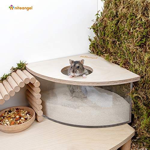 Niteangel Animal Sand-Bath Box: - Acrylic Critter's Sand Bath Shower Room & Digging Sand Container for Hamsters Mice Lemming Gerbils or Other Small Pets (Triangle, Birch-Wood) | Acrylic Viewable Critter Sand Bath Shower Room & Digging Sand Container for H