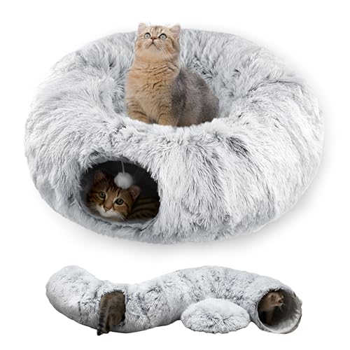 Cat Tunnel Bed for Indoor Cats with Washable Cushion Cat Cave Donut Tunnel with Fluffy Ball Big Round Tube Pet Playground Toys Soft Plush Peekaboo for Kitten, Cat, Puppy, Rabbit, Ferret - color: Grey