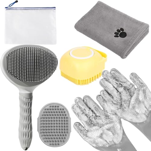 6-in-1 Grey Pet Grooming Kit: Hair Brush, Towel, Washing Gloves, Slicker Brush, and Shampoo Scrubber for Dogs and Cats - color: 6-Bath-Grey