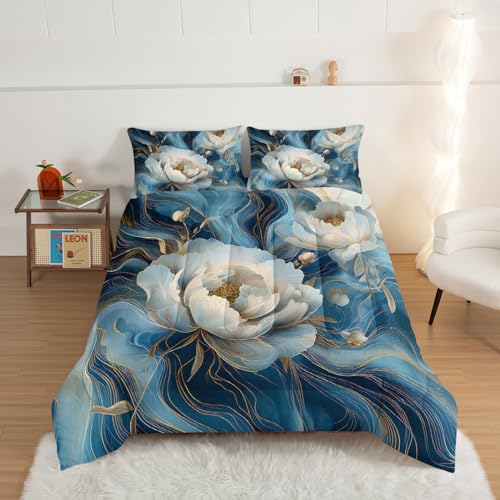 HOSIMA Floral Twin Bedding Sets for Women Girls Room Decor,Blue Golden Marble Grain Ink Fluid Art Comforter Floral Bedding,Fluffy White Flowers Pattern Lightweight Comforter with 2 Pillowcases. - color: Blue-a, size: Twin