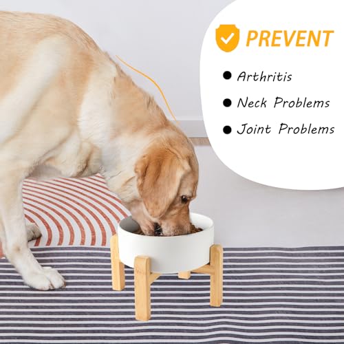 6'' Ceramic Raised Dog Bowl - 30Oz Dog Food & Water Bowl with Elevated Non-Slip Bamboo Stand, Dishwasher & Microwave Safe, Anti Vomiting Heavy Duty Pet Bowl for Small and Medium Dogs, White - color: 1 x Bowl + Stand - White, size: 6 inch