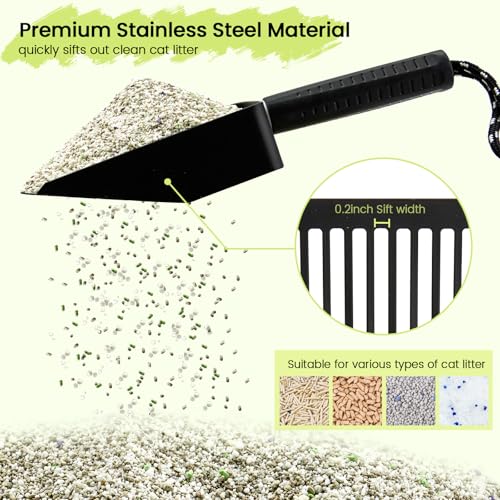 Cat Litter Scoop with Holder, Stainless Steel, Non-Slip Handle | Stainless steel litter scoop with holder captures clumps fast and includes a mini broom and dustpan for easy cleanup - color: Black