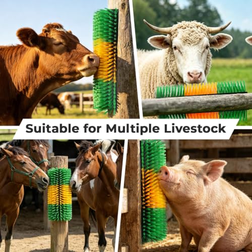 2 Pack Horse Brush Goat Scratching Post, Livestock Scratching Brush | with Cleaning Tool, Gloves, Stiff Bristle, Itch Relief, Self-grooming, Full Massage, Livestock Brushes Set Includes 8 Screws - color: Green