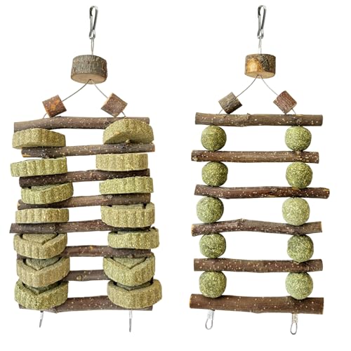 Bunny Chew Toys for Teeth Grinding, 2 Pack Double-Row Natural Grass Cake Apple Wood Hanging Rabbit Toys for Guinea Pigs, Chinchillas, Hamsters Small Pets Cage Decor