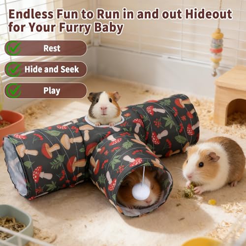 Rypet Guinea Pig Tunnel Hideout 3-Way Collapsible Small Pet Tubes, Mashroom | 3 Way Design for Exploration, Collapsible for Easy Storage, Built-in Play Ball, Hiding & Resting for Hamsters Ferrets - color: Mushroom