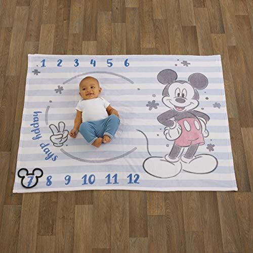 Disney Mickey Mouse Light Blue, Red & White Super Soft Milestone Baby Blanket, Light Blue, White, Red, Navy - color: Mickey Mouse Light Blue Red & White