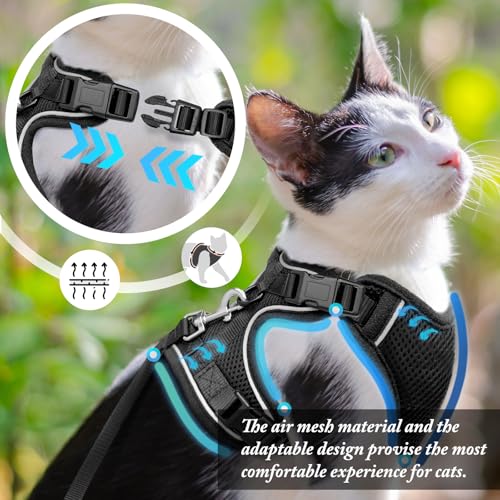 Cat Harness and Leash Set for Walking Escape Proof, Improved Four Place Adjustable Cat Car Harness, Soft Kittens Vest with Reflective Strip for Cats, Comfortable Outdoor Vest, Black, XS - size: X-Small