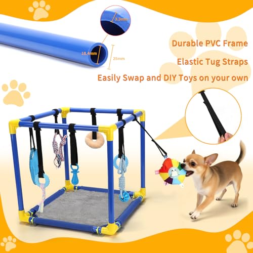 Puppy Play Gym, Dog Activity Center with 8 Hanging Toys, PVC Frame | 8 Enrichment Toys for Busy Play, Soft Mat for Rest, Non-Slip Feet for Stable Play, Adjustable Straps, Cats and Small Pets