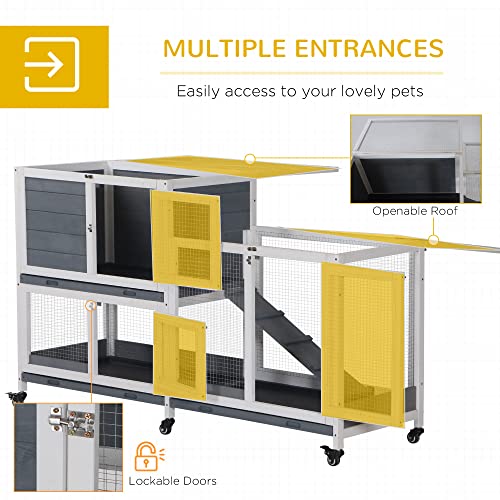 PawHut Wooden Rabbit Hutch Bunny Hutch Elevated Pet House Cage Small Animal Habitat with No Leak Tray Lockable Door Openable Top for Indoor 57.75" x 18" x 32.5" Grey | Elevated Pet House Cage, Small Animal Habitat, No Leak Tray, Lockable Door, Openable To