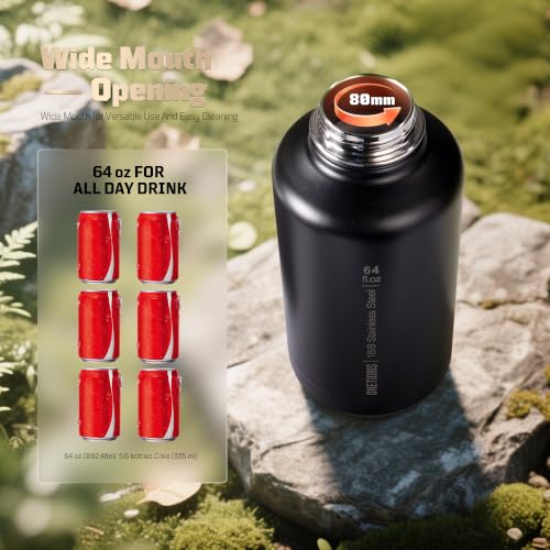 ONETIGRIS 64oz Tactical Insulated Water Bottle with 3 Lids & MOLLE Pouch | 48H Cold & 24H Hot Double Wall, 304 Stainless Steel Wide Mouth, BPA Free Leakproof Silicone Seal, Paracord Handle Easy Carry - color: Camo Black