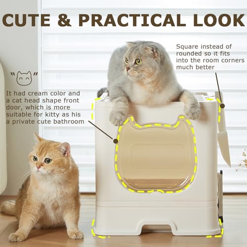 Cat Litter Box with Lid, Covered Top Entry Kitten Litter Pan for Small and Medium Cats, Anti-Splashing Kitty Potty with Slide-Out Litter Tray - color: White