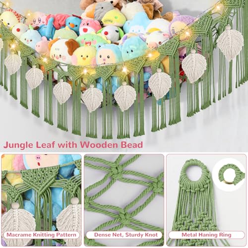 82.7x59x59 Inch Jumbo Stuffed Animal Storage Hammock Corner Toy Net, Green | Macrame Cream Leaf Stuffed Animal Net Organizer for Stuffy Plushie, Boho Handcrafted Plushies Storage Holder w/Star Lights - color: Green, size: XXX-Large Leaf Style