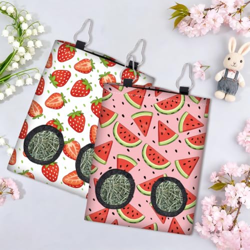 2Pcs 2 Styles Strawberry Hay Feeder Bag for Guinea Pigs Chinchillas 11.6 x 9.1 Inch Small Pet Hay Bag with 2 Holes Strawberry Watermelon Cloth Washable Pet Feeding Storage Cage Accessories - color: Strawberry