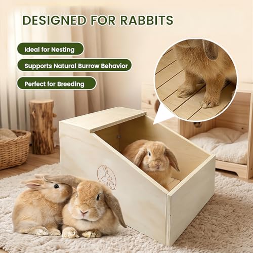 Rabbit Nesting Box 20.5" x 12.6" x 12.6", Large Wooden Bunny Nest Box with Sliding Top & Bottom Panels, No Exposed Nails, Easy Clean Rabbit Hideout for Breeding & Small Animals